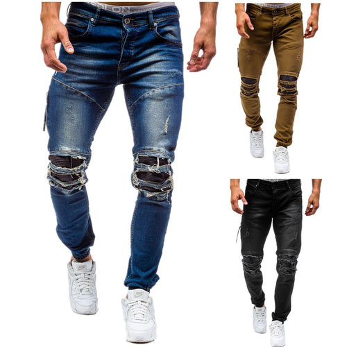 Men's plus-size cotton jeans new denim trousers men's slim solid color high-grade spring autumn ripped 80s pants