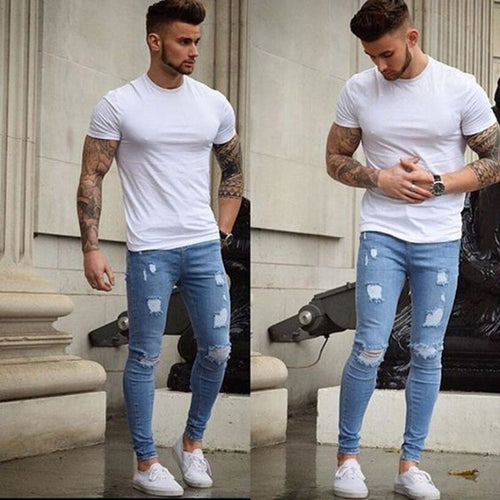 Fashion Men Solid Ripped Skinny Biker Zipper Fly Jeans Destroyed Hole Frayed Slim Fit Denim Pencil  Pants