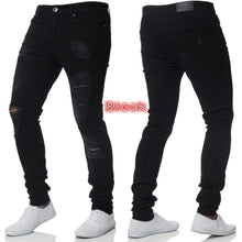 Load image into Gallery viewer, Mens Casual Skinny Jeans Pants Men Solid black ripped jeans men Ripped Beggar Jeans With Knee Hole For Youth Men